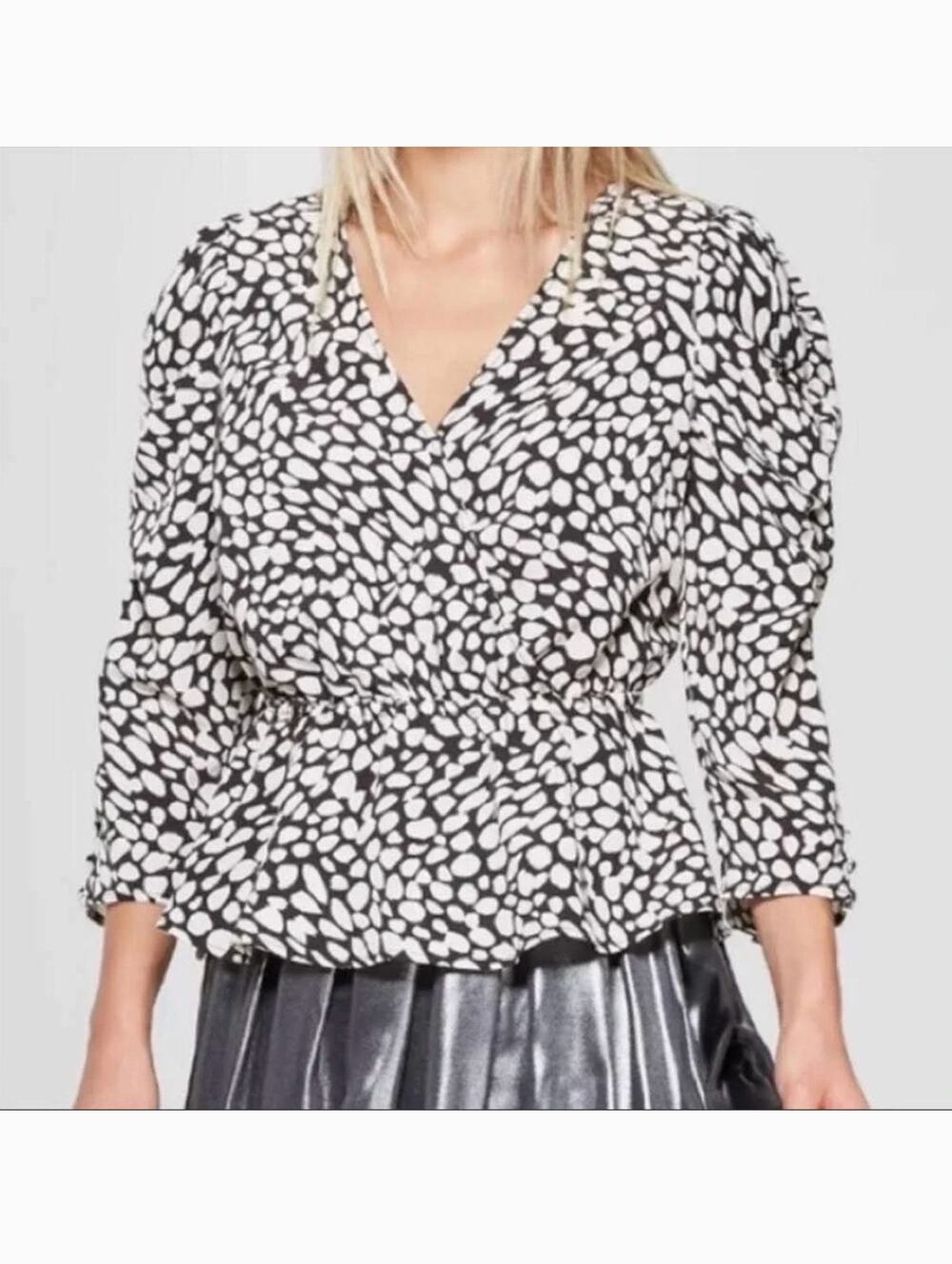 WHO WHAT WEAR Black and White Spotted Peplum Blouse Size XXL